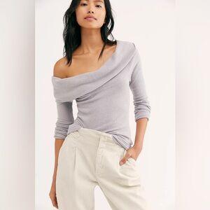 We The Free Snowbunny Long Sleeve Ribbed Off Shoulder Top Gray
